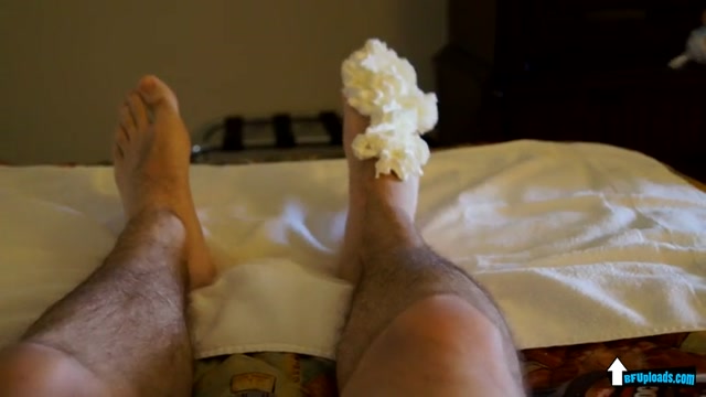 leather dom licks whipped cream & syrup off boy's feet